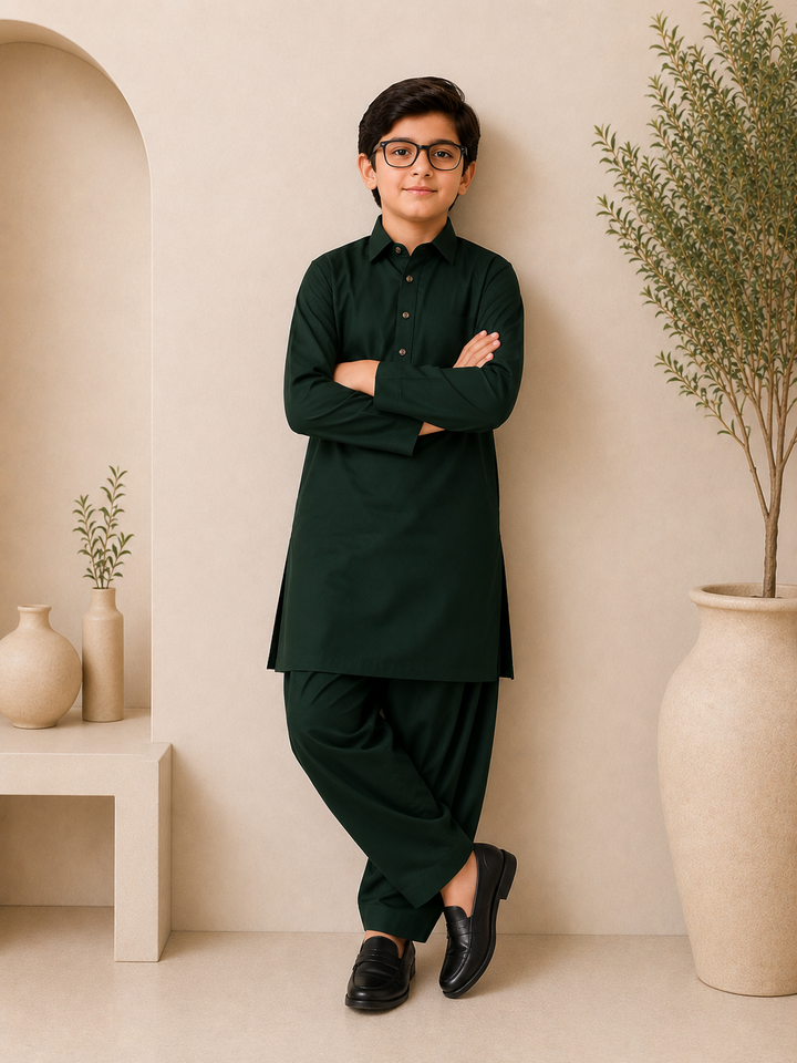Bottle Green Shirt Collar Kurta Shalwar KS-002