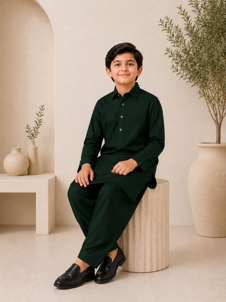 Bottle Green Shirt Collar Kurta Shalwar KS-002