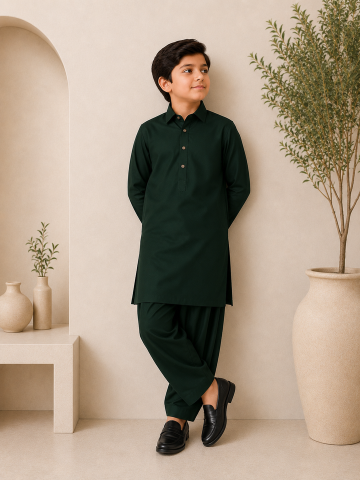 Bottle Green Shirt Collar Kurta Shalwar KS-002