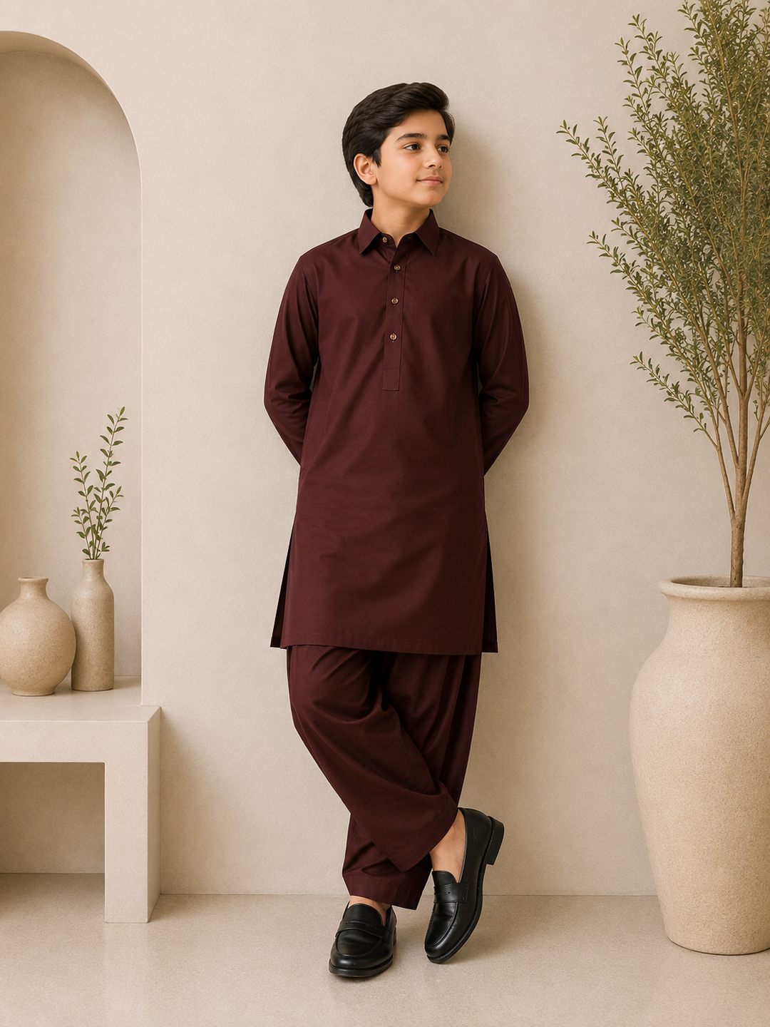 Claret Red Shirt Collar Kurta Shalwar KS-003