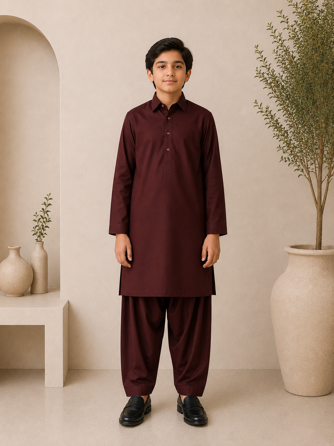 Claret Red Shirt Collar Kurta Shalwar KS-003