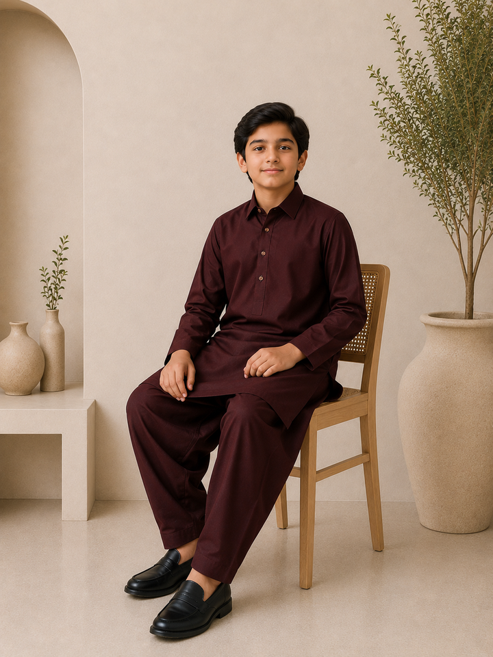 Claret Red Shirt Collar Kurta Shalwar KS-003