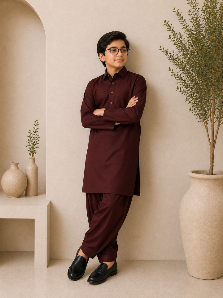 Claret Red Shirt Collar Kurta Shalwar KS-003