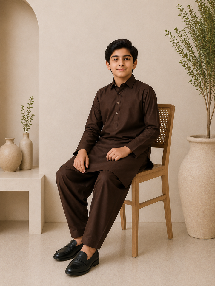 Chocolate brown Shirt Collar Kurta Shalwar KS-004