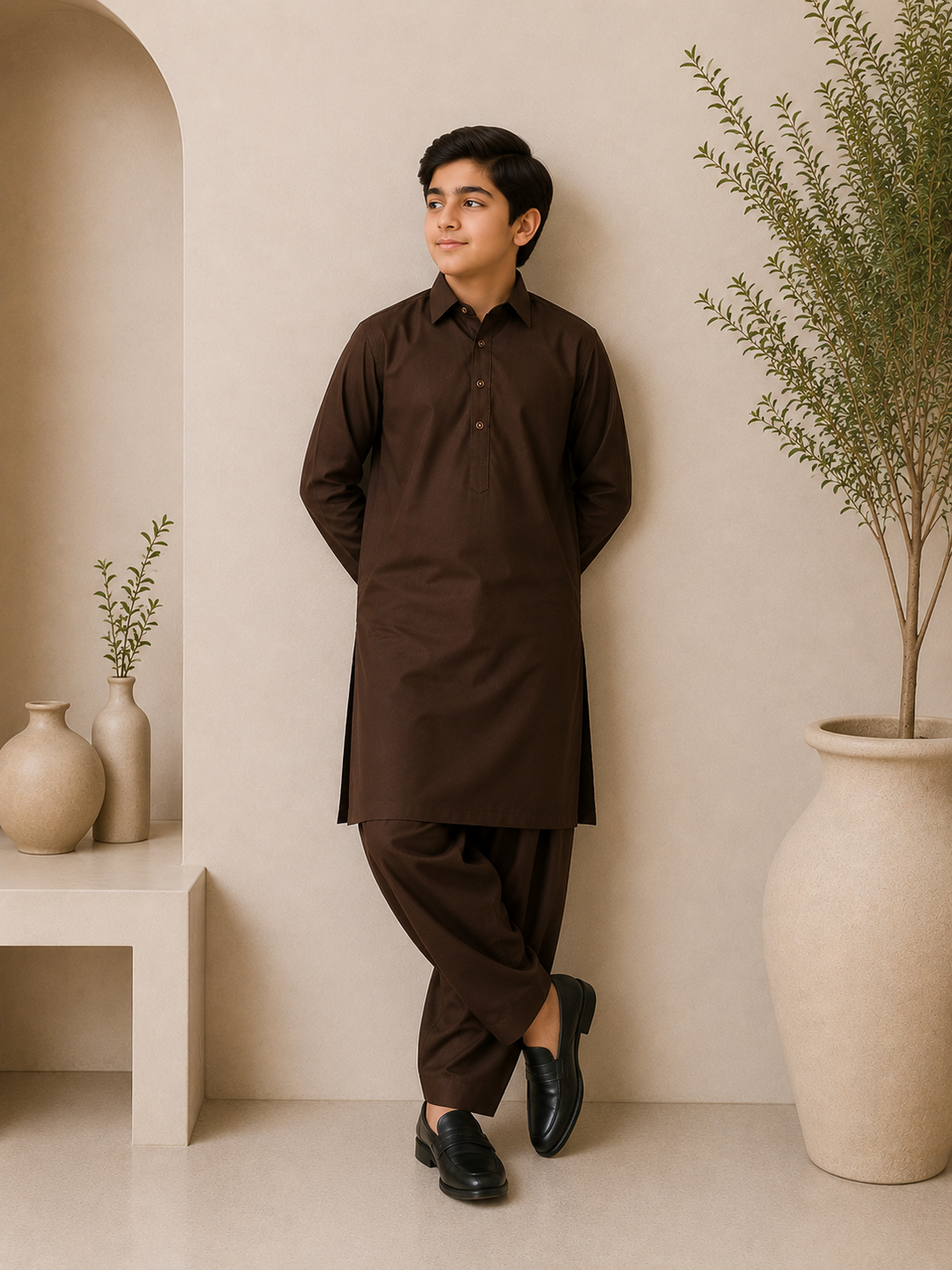 Chocolate brown Shirt Collar Kurta Shalwar KS-004