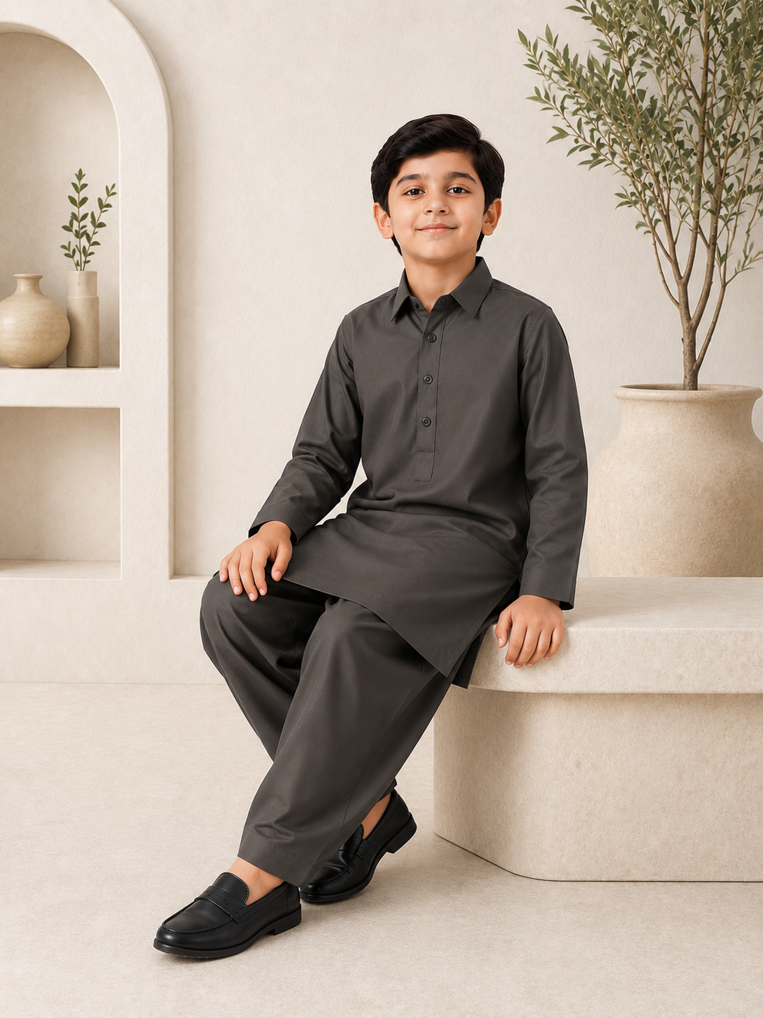 Grey Shirt Collar Kurta Shalwar KS-005