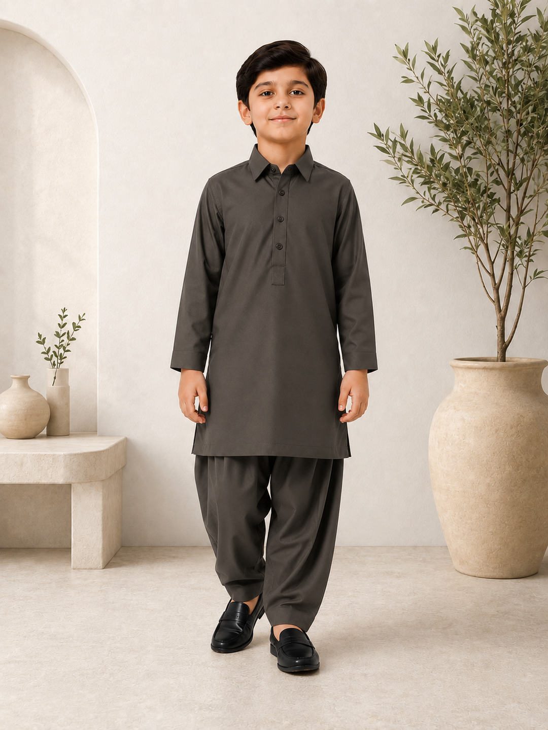 Grey Shirt Collar Kurta Shalwar KS-005
