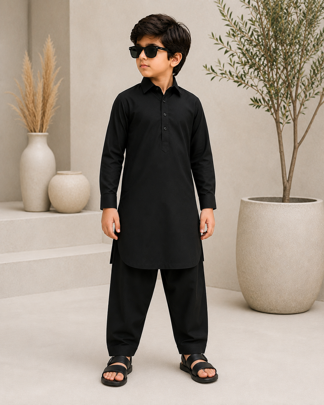 Onyx Black Shirt Collar Kurta Shalwar Ks-006