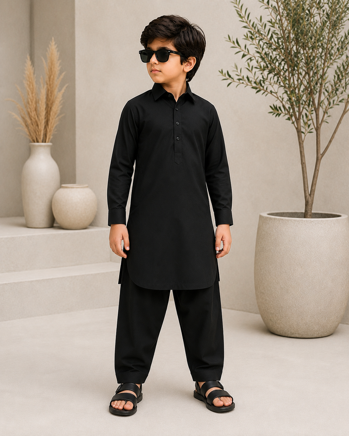 Onyx Black Shirt Collar Kurta Shalwar Ks-006