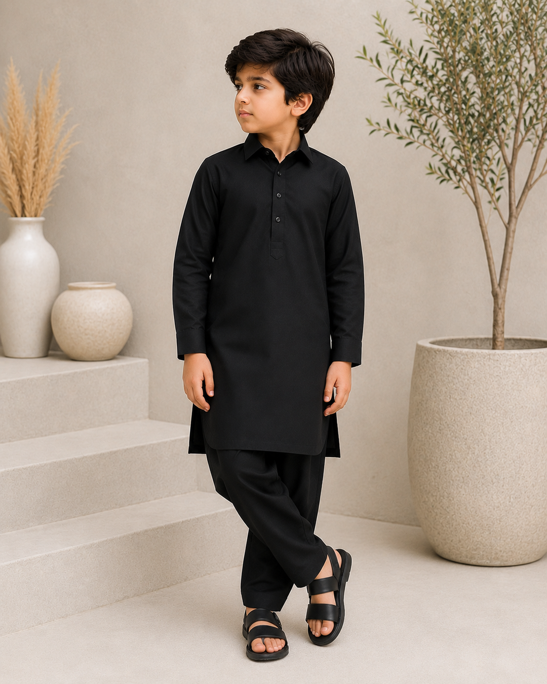 Onyx Black Shirt Collar Kurta Shalwar Ks-006