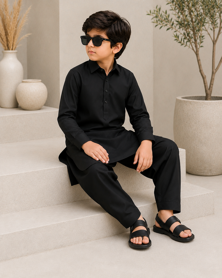 Onyx Black Shirt Collar Kurta Shalwar Ks-006