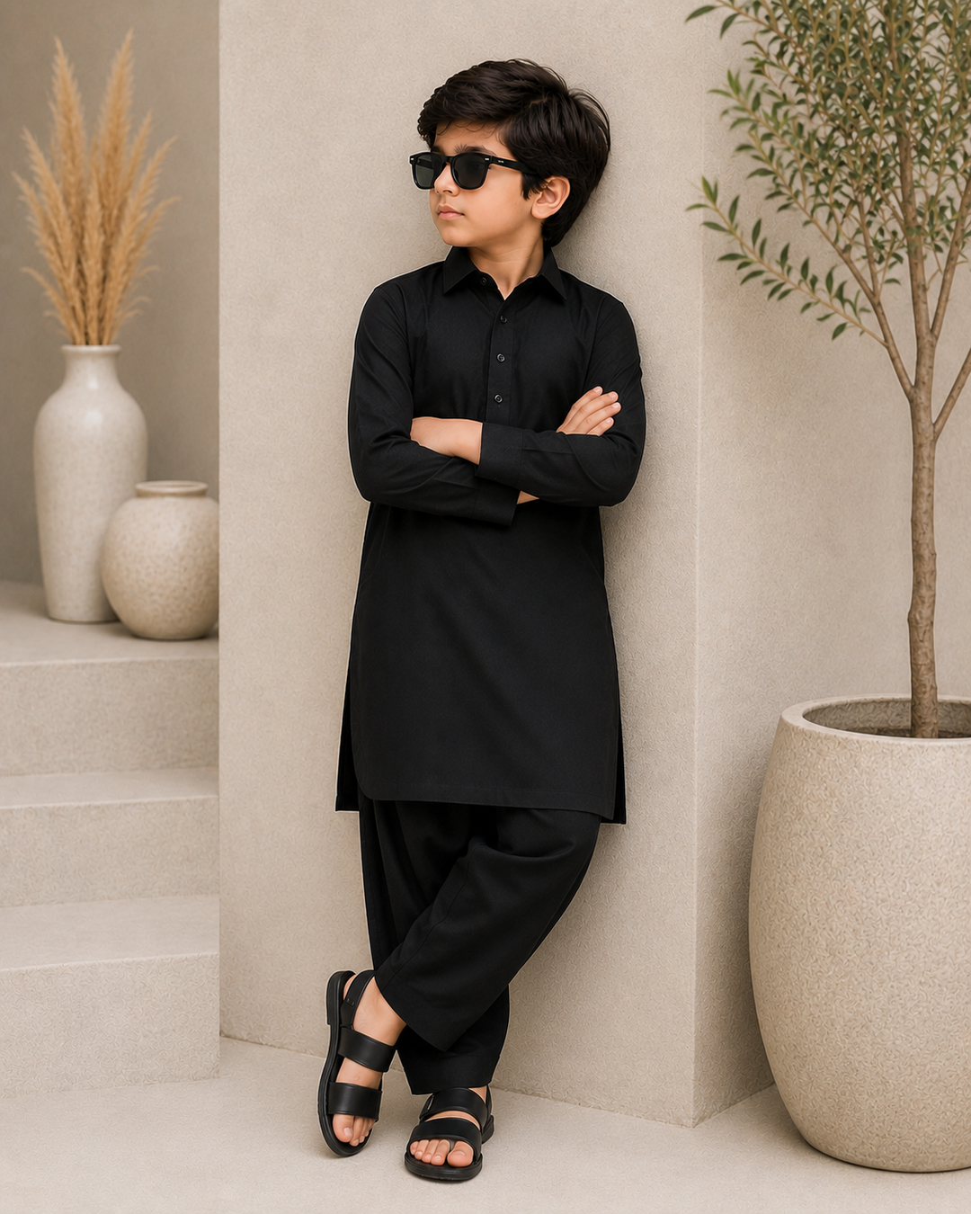 Onyx Black Shirt Collar Kurta Shalwar Ks-006