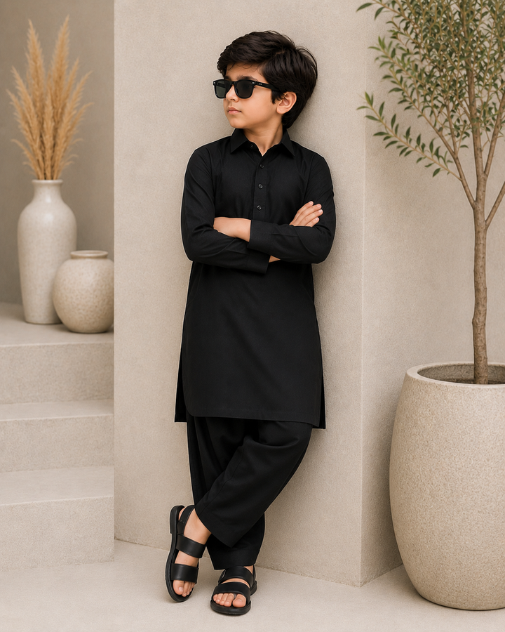 Onyx Black Shirt Collar Kurta Shalwar Ks-006