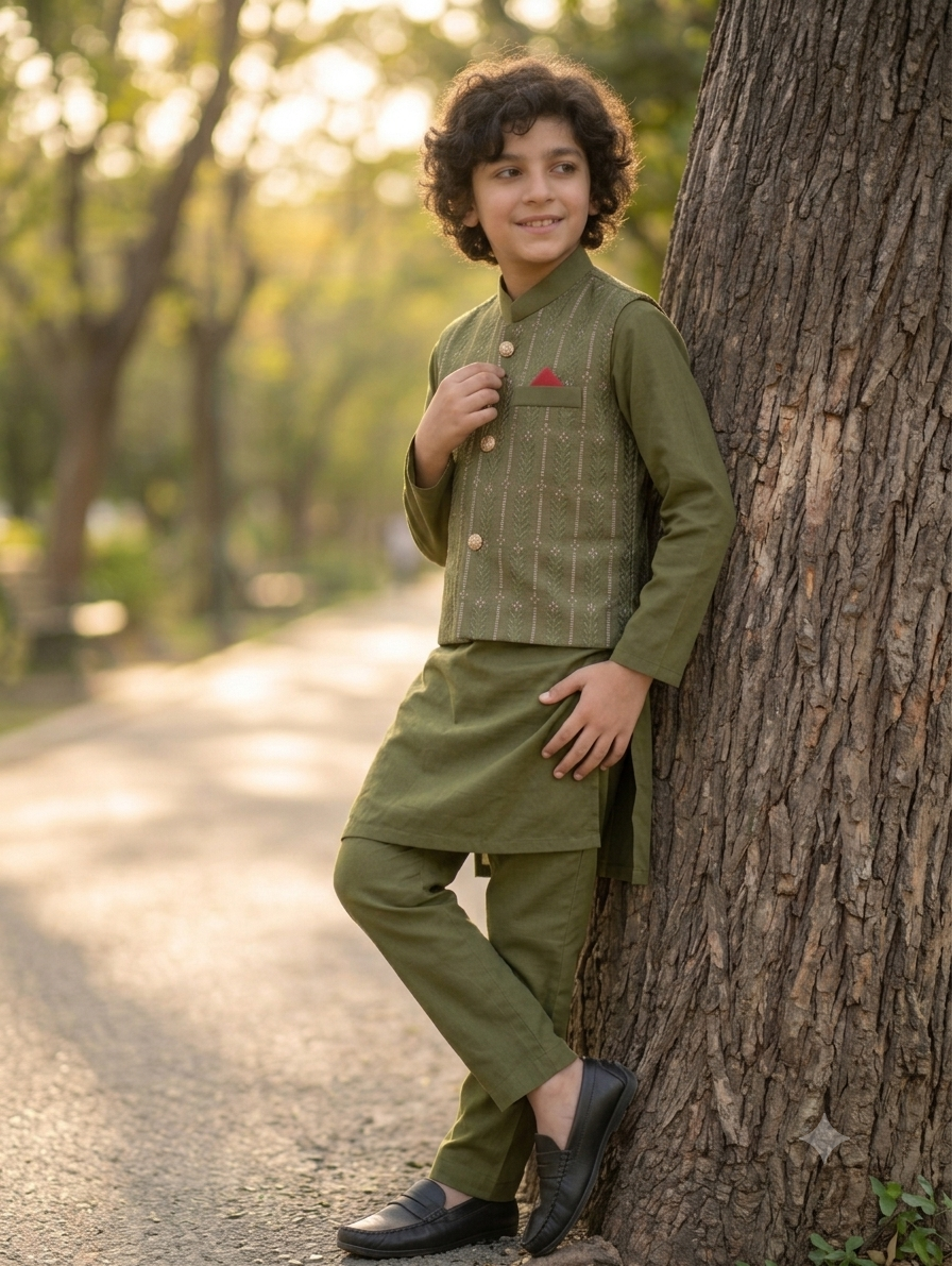 Olive Green Waistcoat Suit WS 007