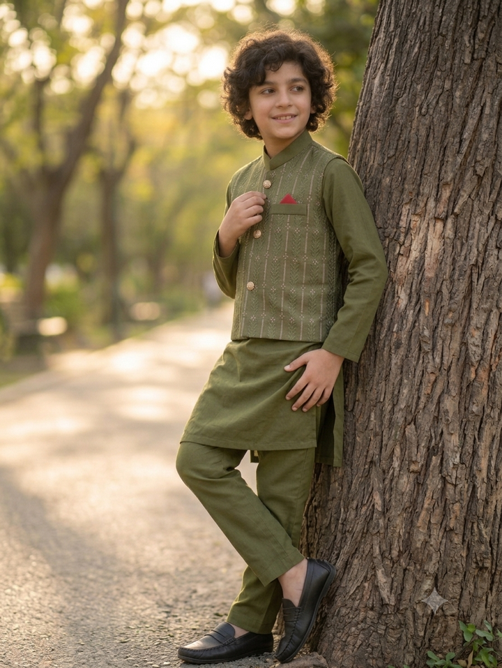 Olive Green Waistcoat Suit WS 007